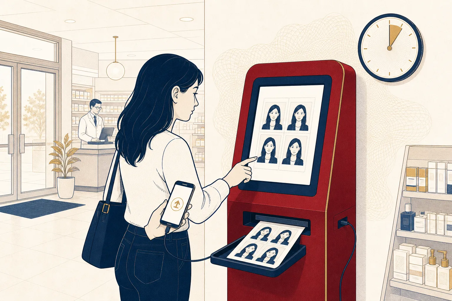 Customer at a CVS self-serve photo kiosk printing a 4×6 sheet of ID photos from their phone in about ten minutes