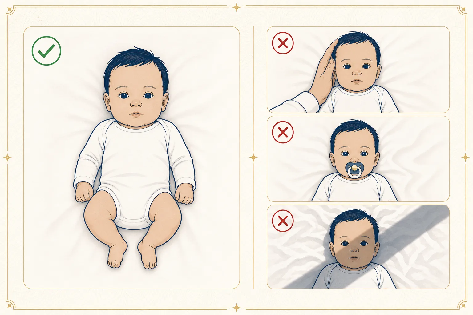 Do and don't examples for baby passport photos: baby alone on a smooth white sheet versus visible parent hand, pacifier, and shadows