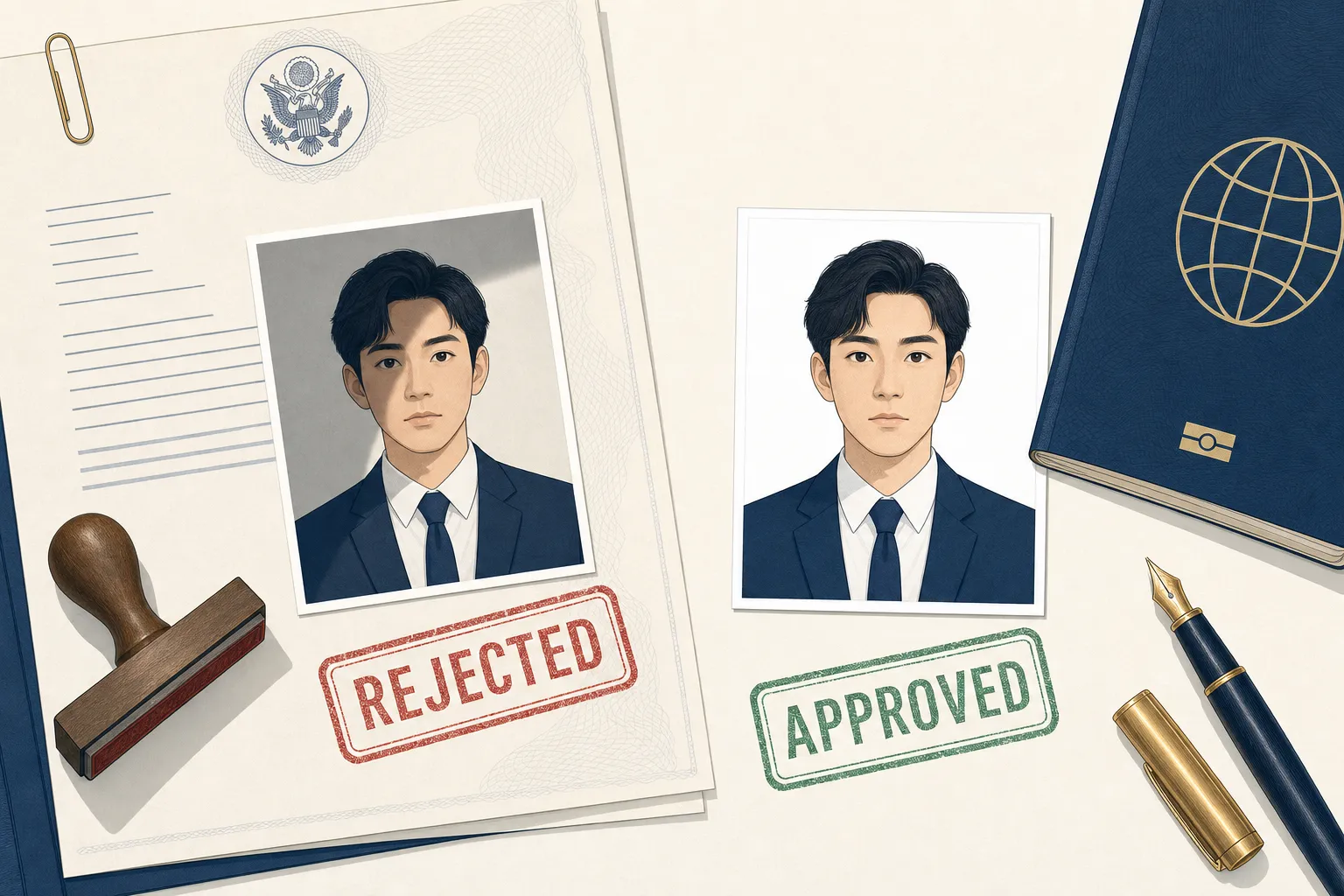 A rejected passport photo with shadows beside its corrected, approved version on a desk
