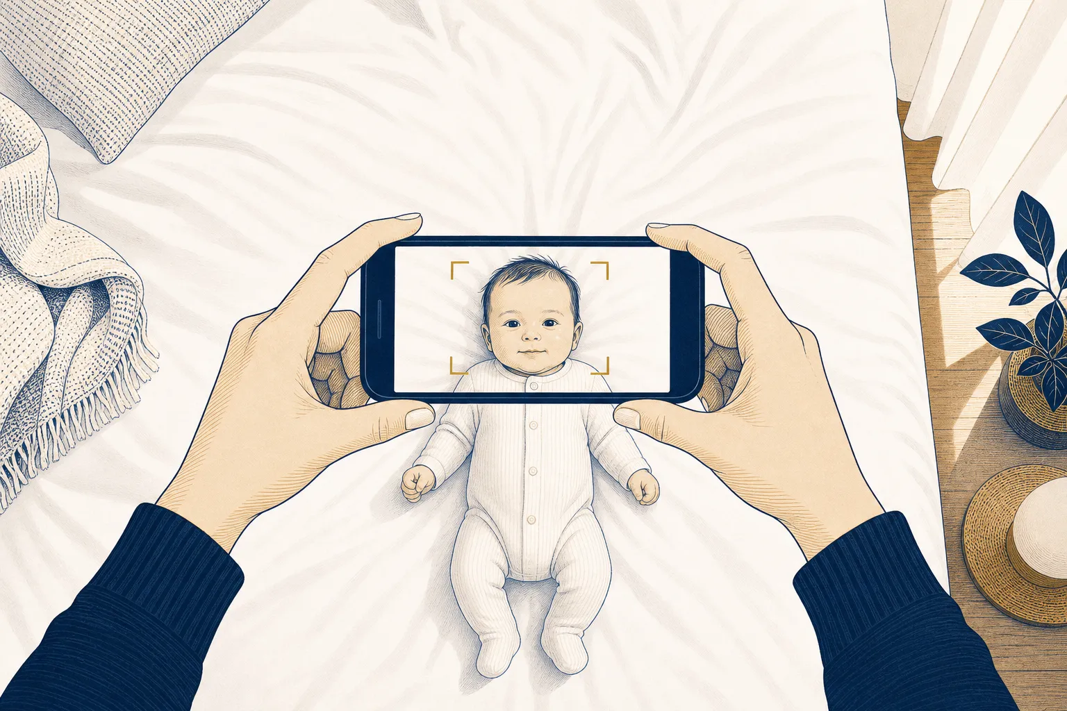 Parent photographing a baby from above as the baby lies on a white sheet — the white-sheet passport photo method