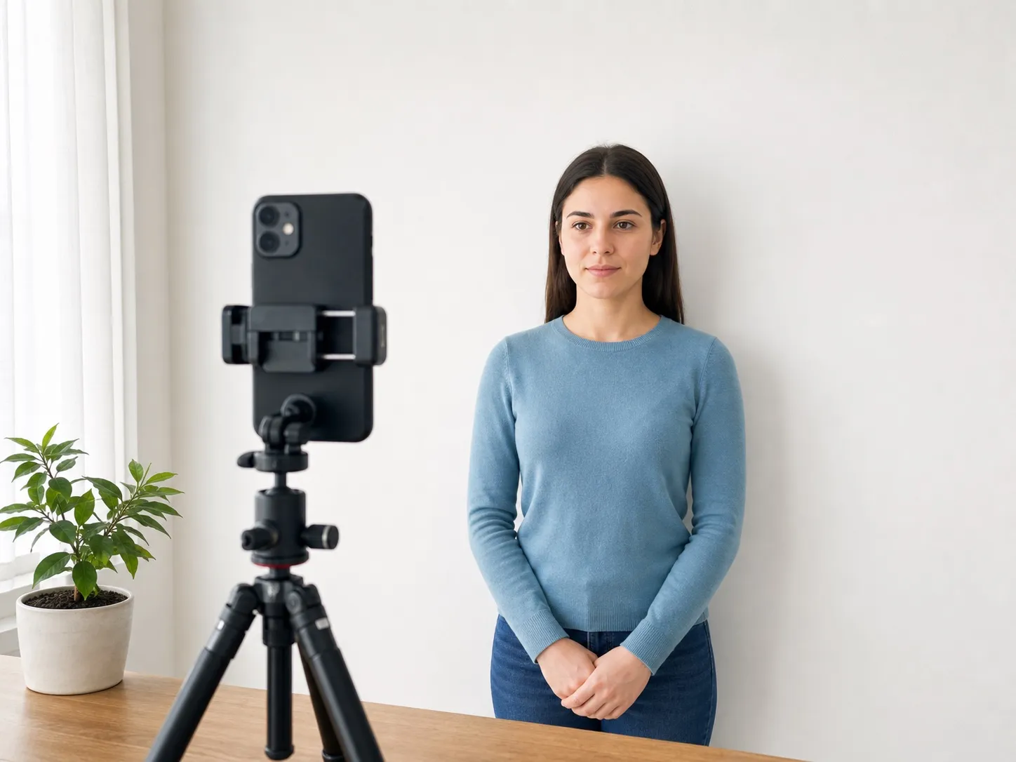 Home setup for taking a U.S. passport photo: window light, eye-level camera, plain wall
