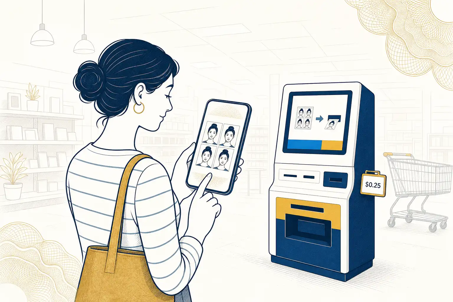 Customer ordering a passport photo print sheet on their phone beside a Walmart photo kiosk with a $0.25 price tag